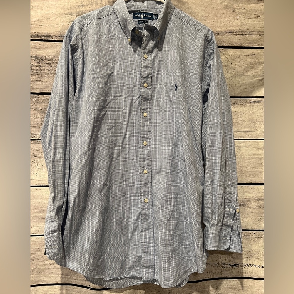 Ralph Lauren Blue Striped Dress Shirt Yarmouth 100% Cotton 17 34/35 Navy Logo